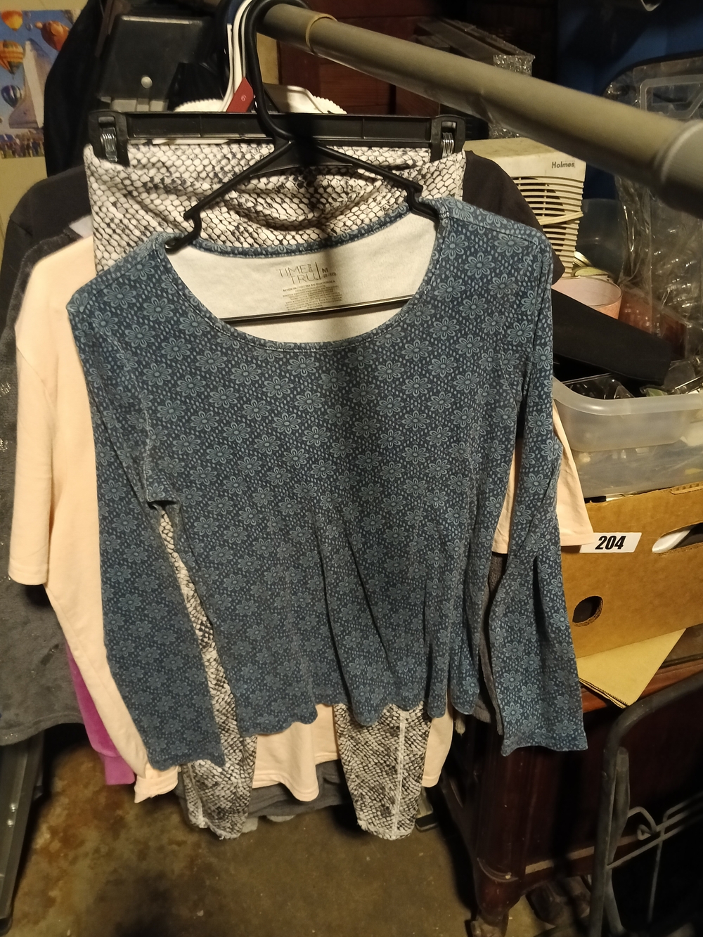 Time and Tru Blue Long-Sleeve Scoop Neck Top with Subtle Floral Medallion Print